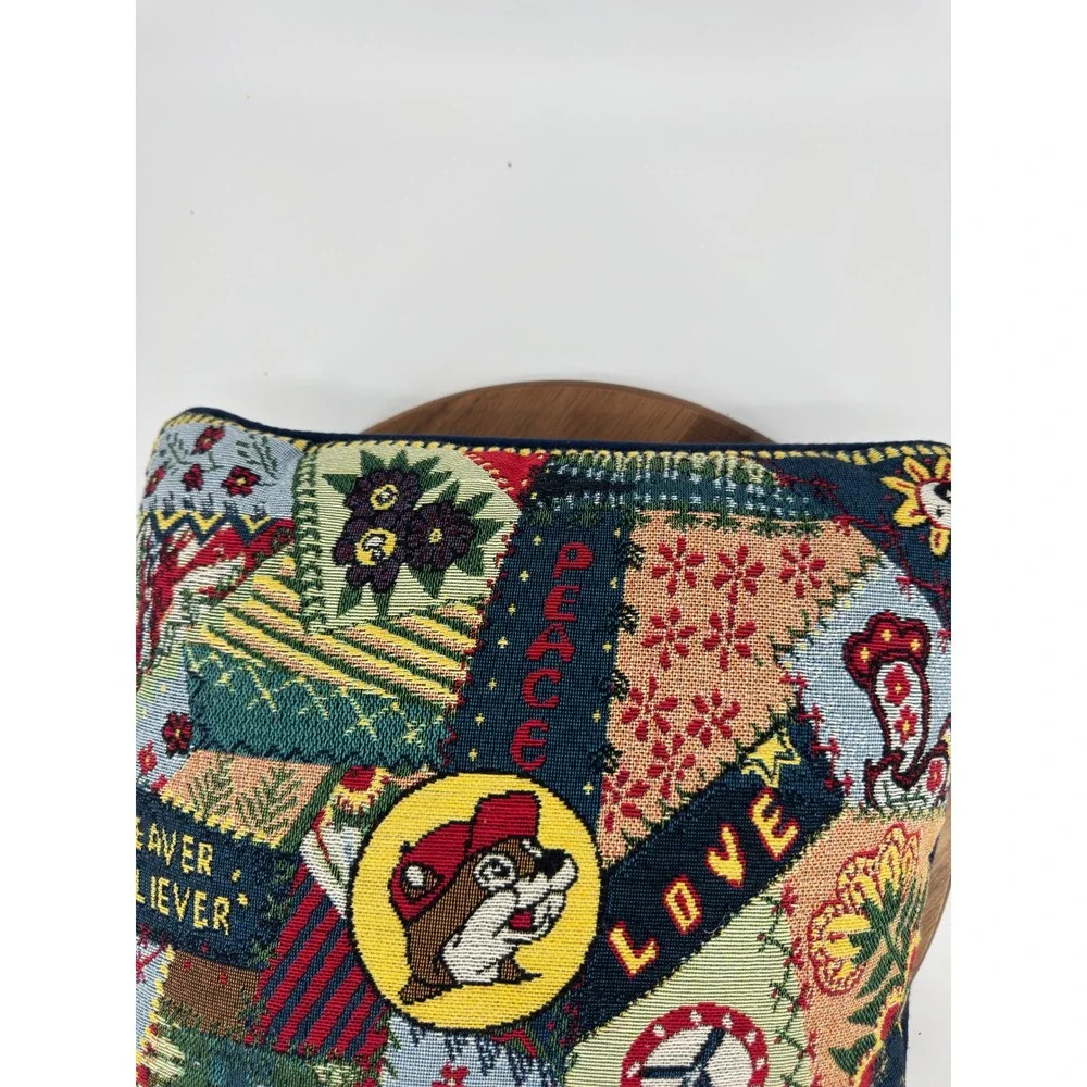 Buc-ee's Woven Tapestry Patchwork Throw Pillow Multi 14x14 Peace Love Beaver